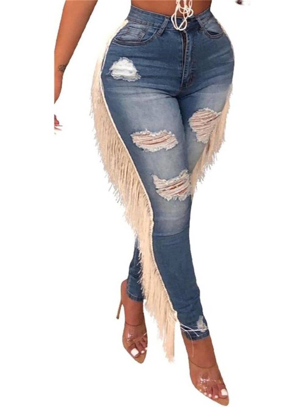Distressed Skinny Ripped Jeans with Fringe Hem - Trendy Denim Pants for Women